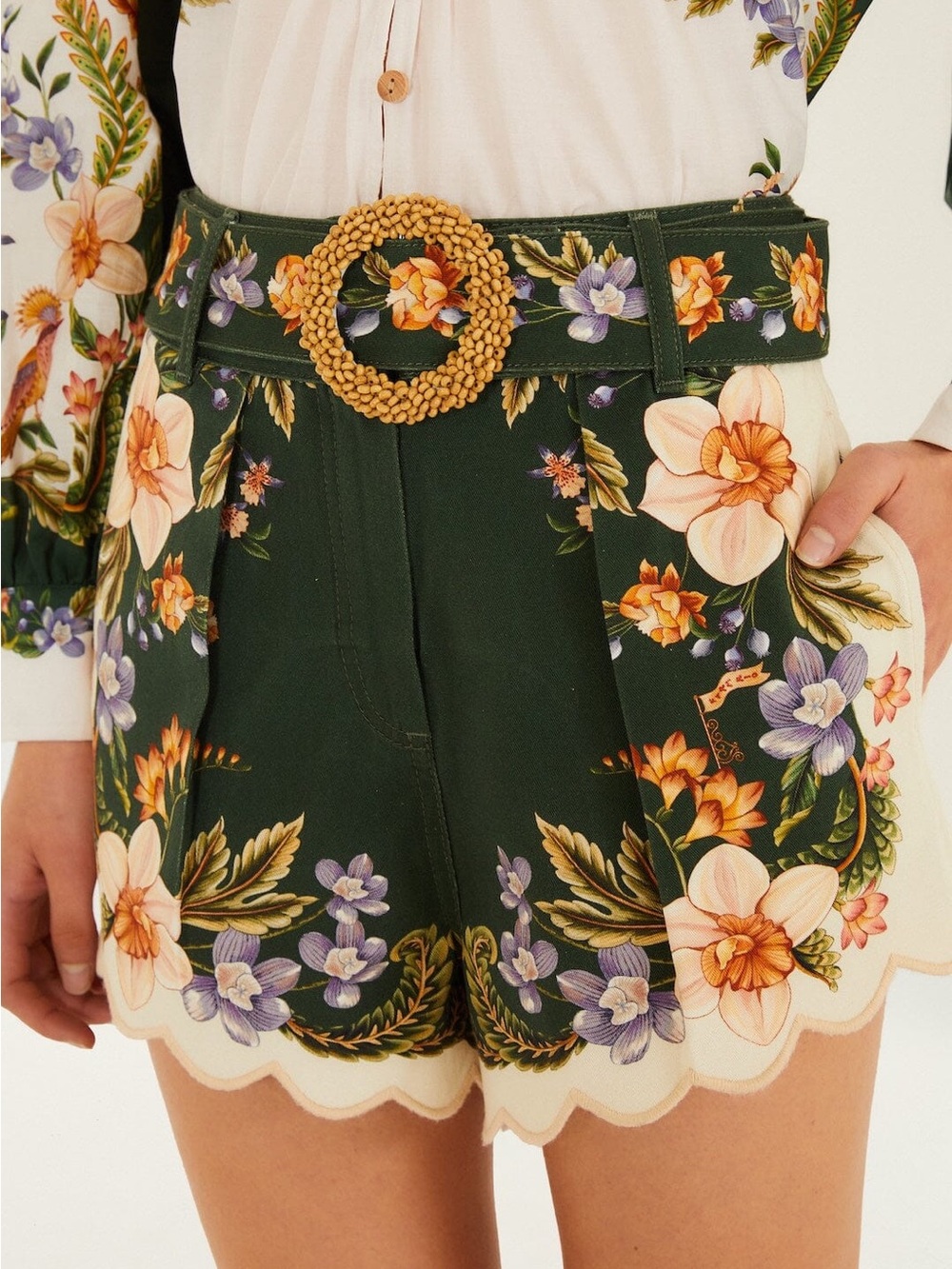FARM RIO Green Berry Garden Beaded Buckle Twill Shorts